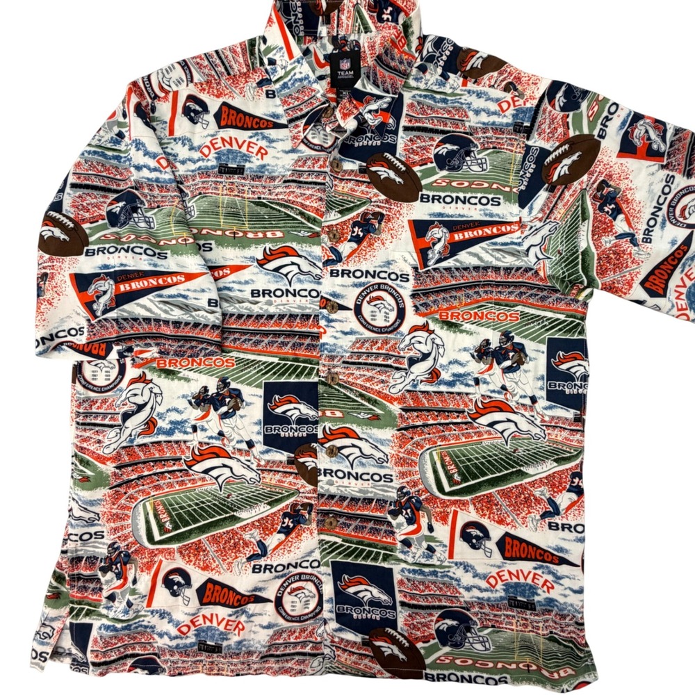 NFL Team Apparel Denver Broncos Hawaiian Shirt Mens XL Rayon Stadium Print Blue‎
